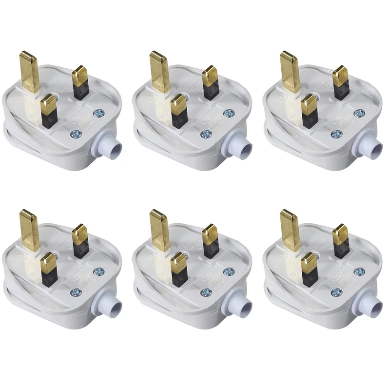 KC cable 13A fused plug, 3 Pin Plug 13 Amp Fused Mains Plugs UK Plug with Cord Grip Rewireable Heavy Duty Electrical Plug Durable for Home, Office Electrical Appliances and Devices (White 6 pack)