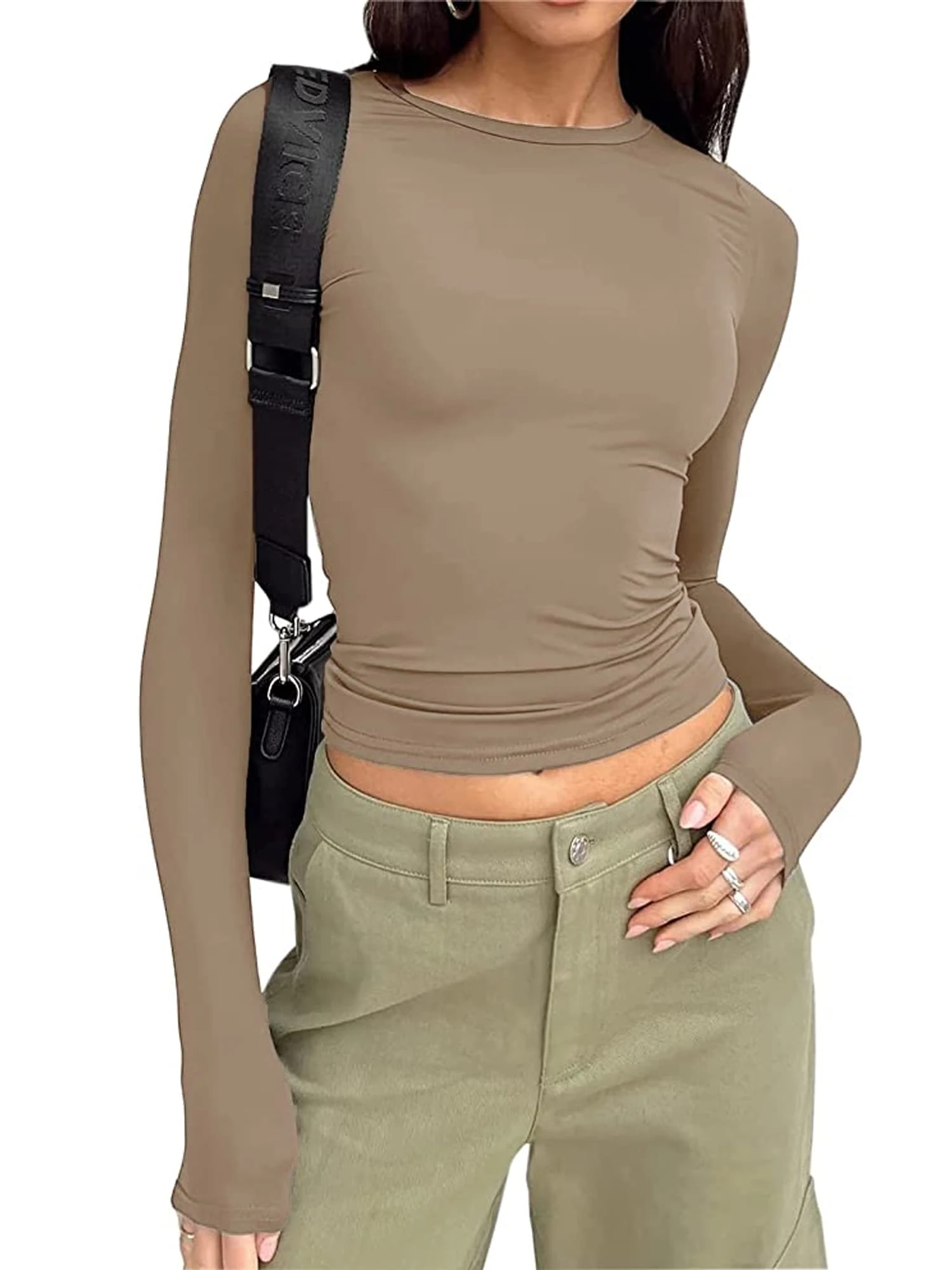 Women's Slim Fit Crop Tops Casual Solid Color Crew Neck Long Sleeve Tight T-Shirt Basic Blouse Tee Tops (Coffee, M)