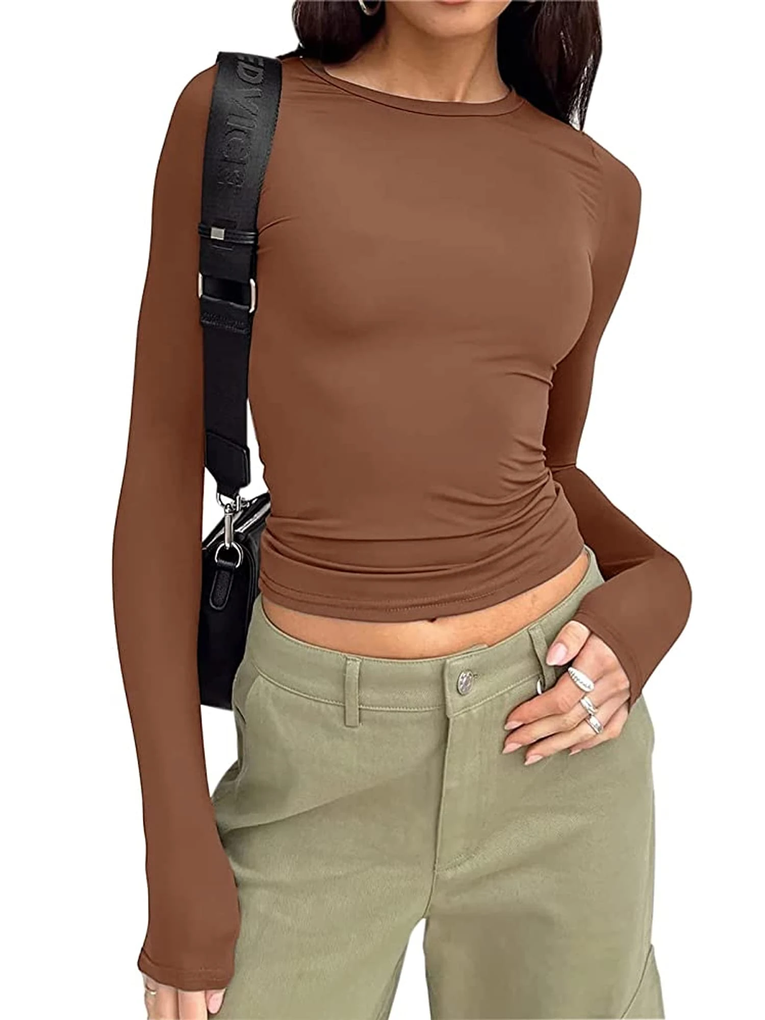 Women's Slim Fit Crop Tops Casual Solid Color Crew Neck Long Sleeve Tight T-Shirt Basic Blouse Tee Tops (Brown, M)