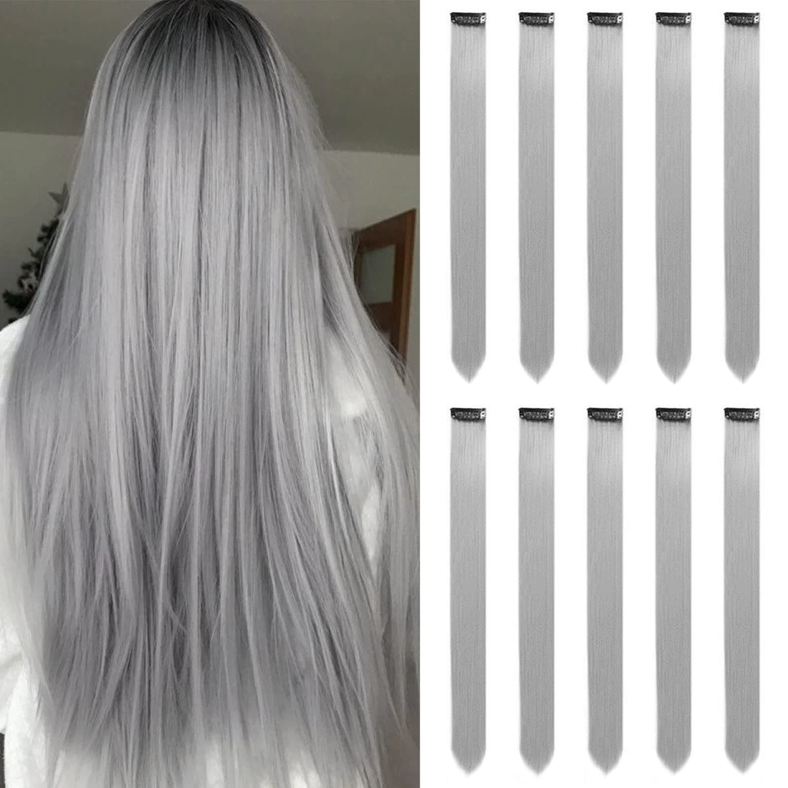 Grey Hair Extensions Clip In for Girls 22 Inch Colorful Straight Hair Extensions for Party Highlights Colored Hair Accessories Hair Pieces for Women（10 PCS Grey）