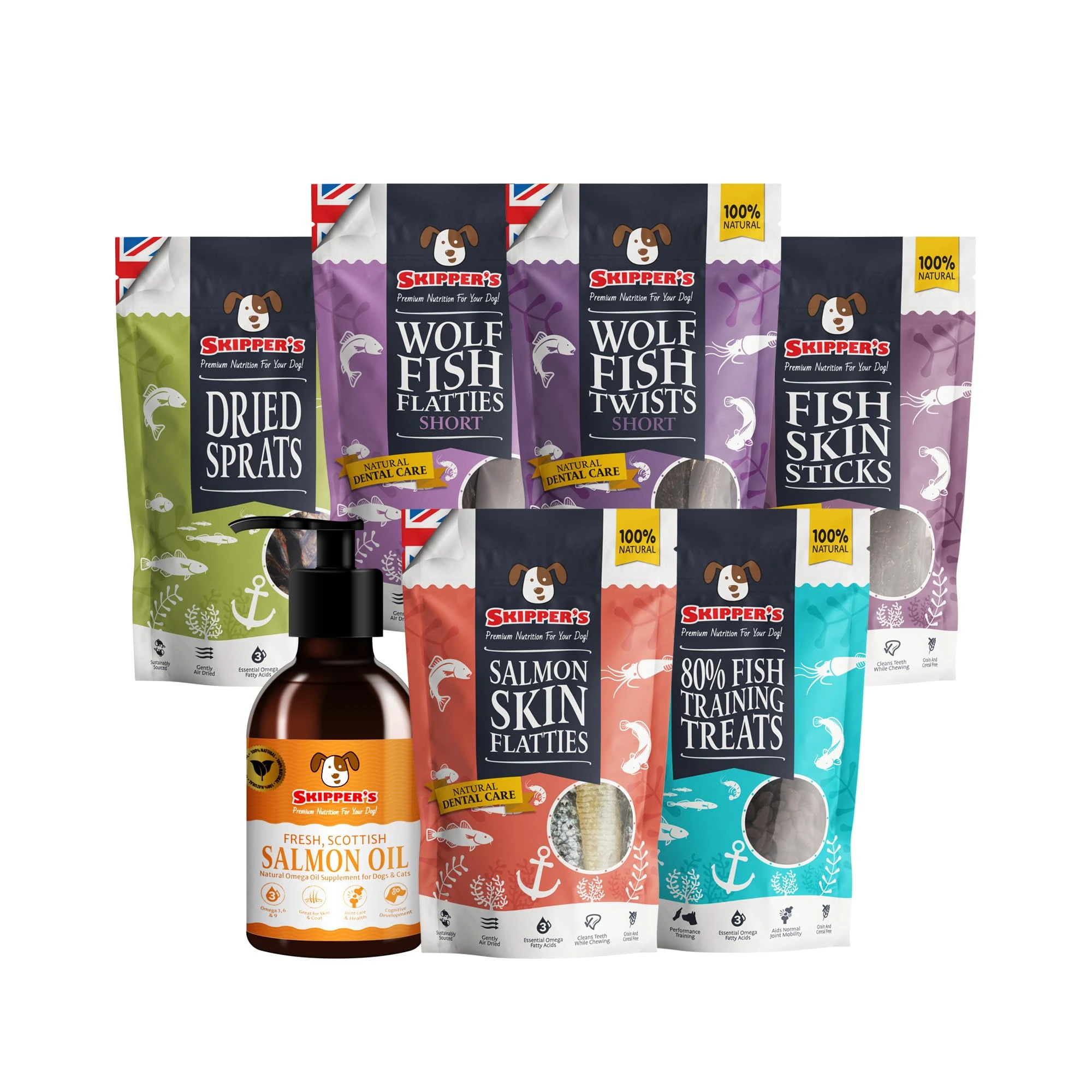 SKIPPER'S Dog Skin & Coat Bundle - Salmon Oil, Fish Twists, Skin Flatties, Throw Sticks, Gently Air Dried Long Lasting Natural Treats | Cereal & Grain Free Healthy Dental Chews for Dogs
