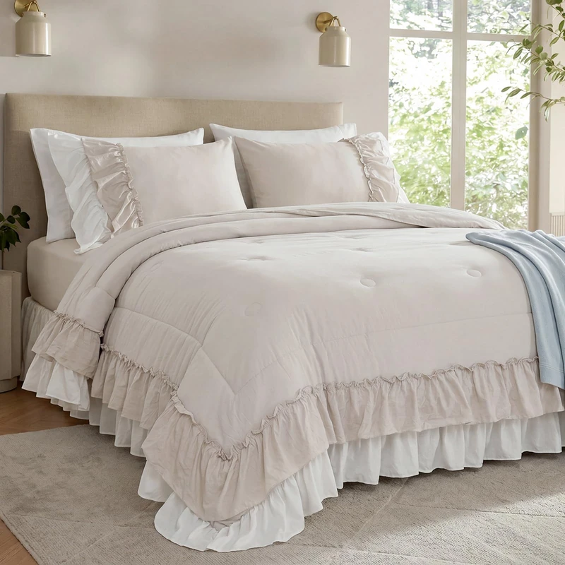 Bedding_Dreamer Queen Size Boho Comforter Set Shabby Chic 2 Layers Ruffles Farmhouse Bedding Comforter Ultra Soft Washed Microfiber 1 Cream Comforter 2 Pillowcases (White, Queen)
