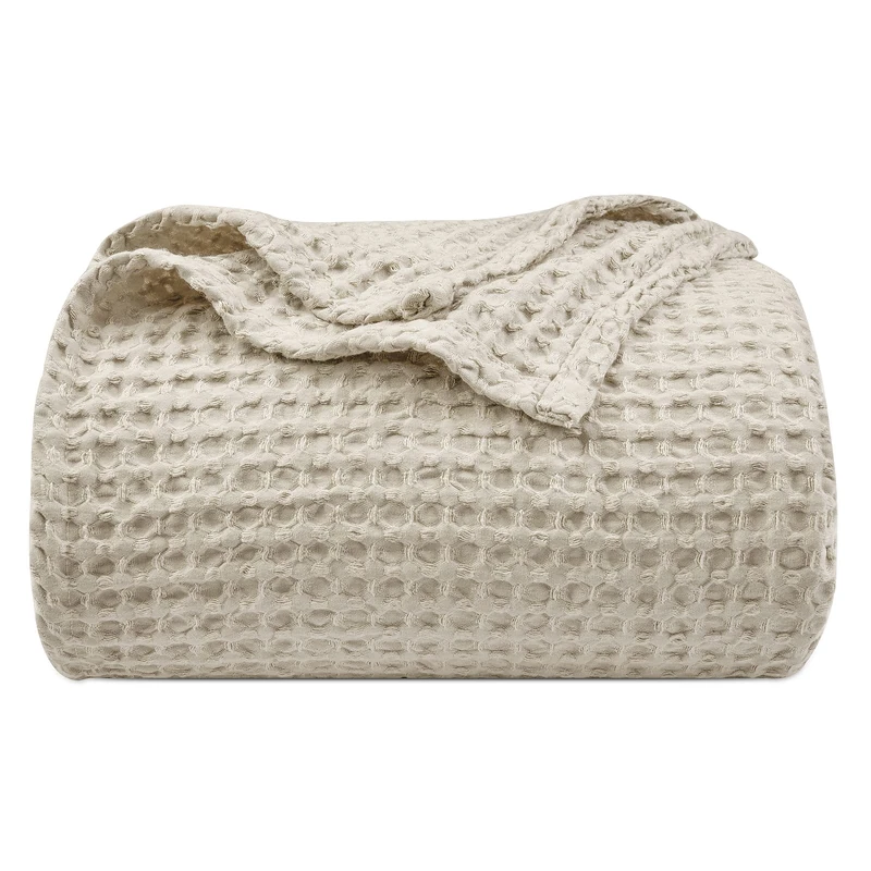 PHF Ultra Soft Waffle Weave Blanket King Size 104"x 90"- Washed Lightweight Breathable Cozy Woven Blanket for Bed - Aesthetic Decor for Couch Bedding Sofa Home Car - Light Khaki/Linen
