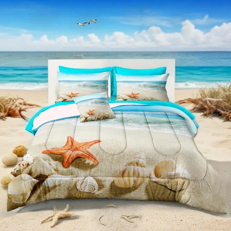 Bedbay Beach Comforter Set 8 Pcs Queen Bed in a Bag Coastal Bedding Ocean Beach Themed Bedding Set Queen Comforter with Sheets Turquoise Seaside Starfish Quilt Set (Aqua,Queen)