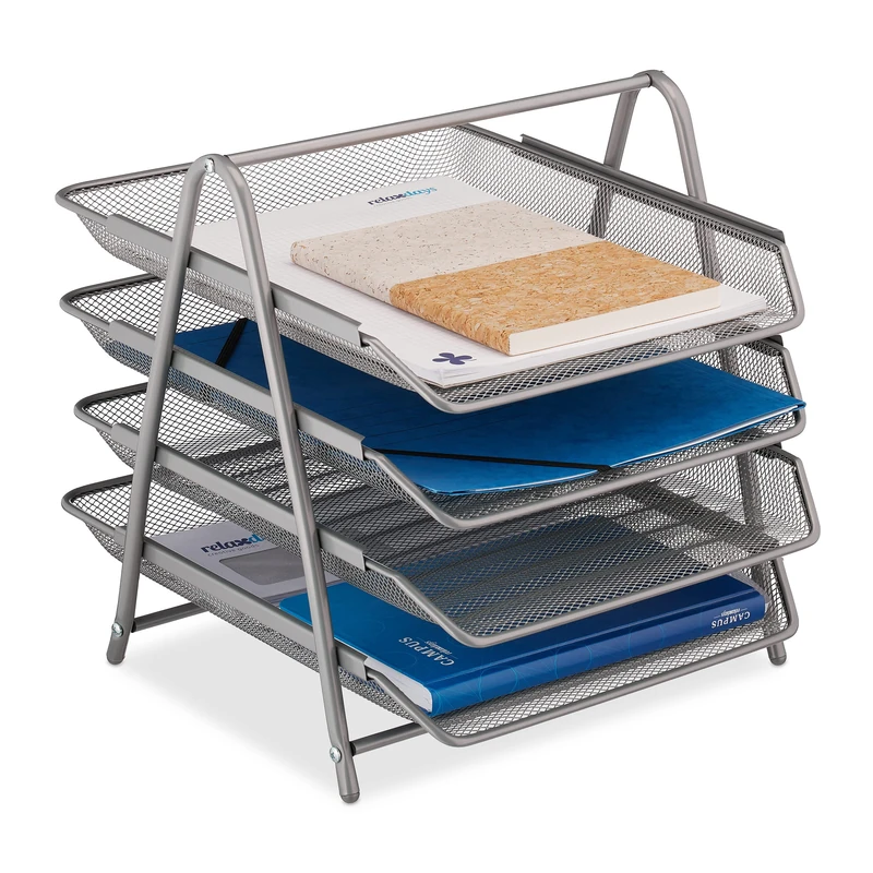 Relaxdays Document Tray, 4 Compartments, Filing System, Mesh, Letter Tray A4, HxWxD: 32.5 x 30 x 35.5 cm, Metal, Silver