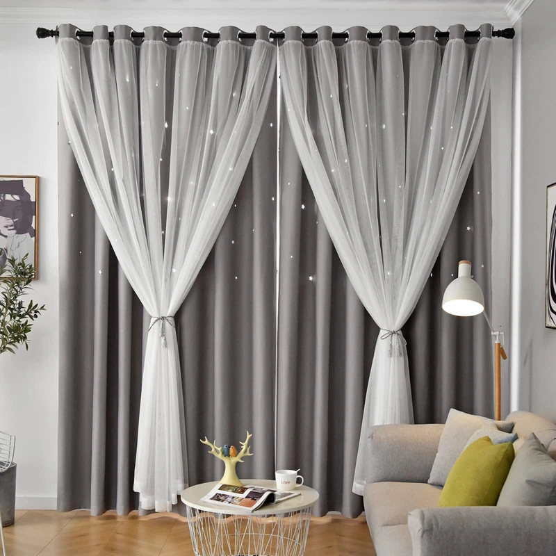 Loyala Star Double Layer Blackout Curtains for Bedroom & Kids, Cute, 108 Inches Long, 2 Panels Set, Grey, 42 X 108 Inches