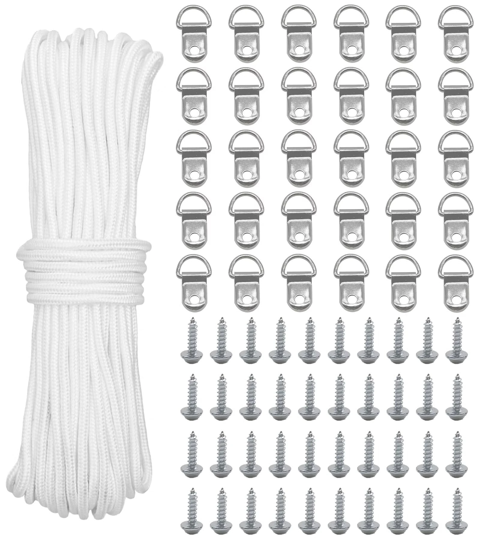 KAXIMON 30M x 2mm Picture Hanging Cord, White Strong Nylon Picture Hanging Wire, Picture Frame Hanging String with 30 D-Ring Hooks and 40 Screws