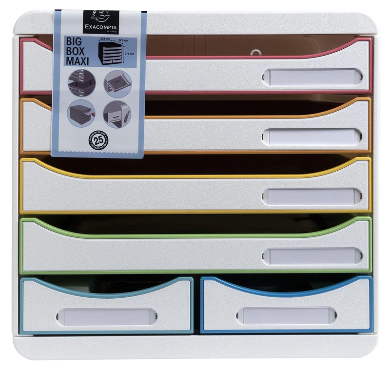 Exacompta - Ref. 312913D - BIG-BOX MAXI - 1 Box with 4 drawers for A4+ documents and 2 small drawers for storing utensils - External dimensions: D 34.7 x W 27.8 x H 27.1 cm - White/harlequin