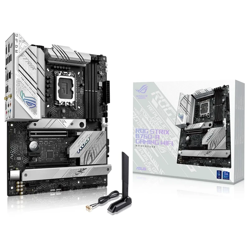 ASUS ROG STRIX B760-A GAMING WIFI Intel B760 LGA 1700 white ATX motherboard with 12 + 1 power stages, DDR5, PCIe 5.0 x16 SafeSlot, 3x PCIe 4.0 M.2 slots, WiFi 6E, USB 3.2 Gen 2x2 Type-C, and Aura Sync