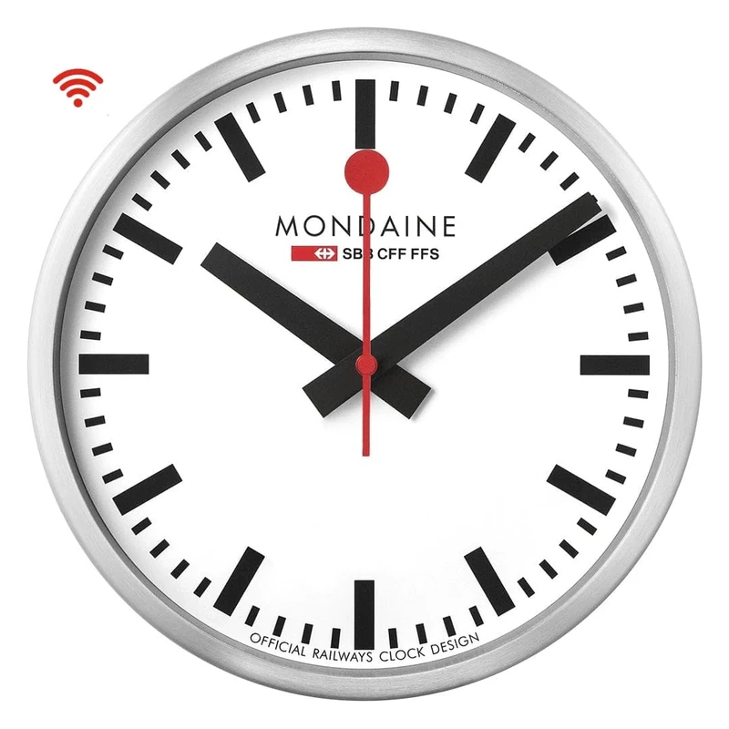 Mondaine Official Swiss Railways WiFi stop2go wall clock, 25 cm, quartz smart movement, minimalist design, red second hand, Bluetooth room temperature display, silver
