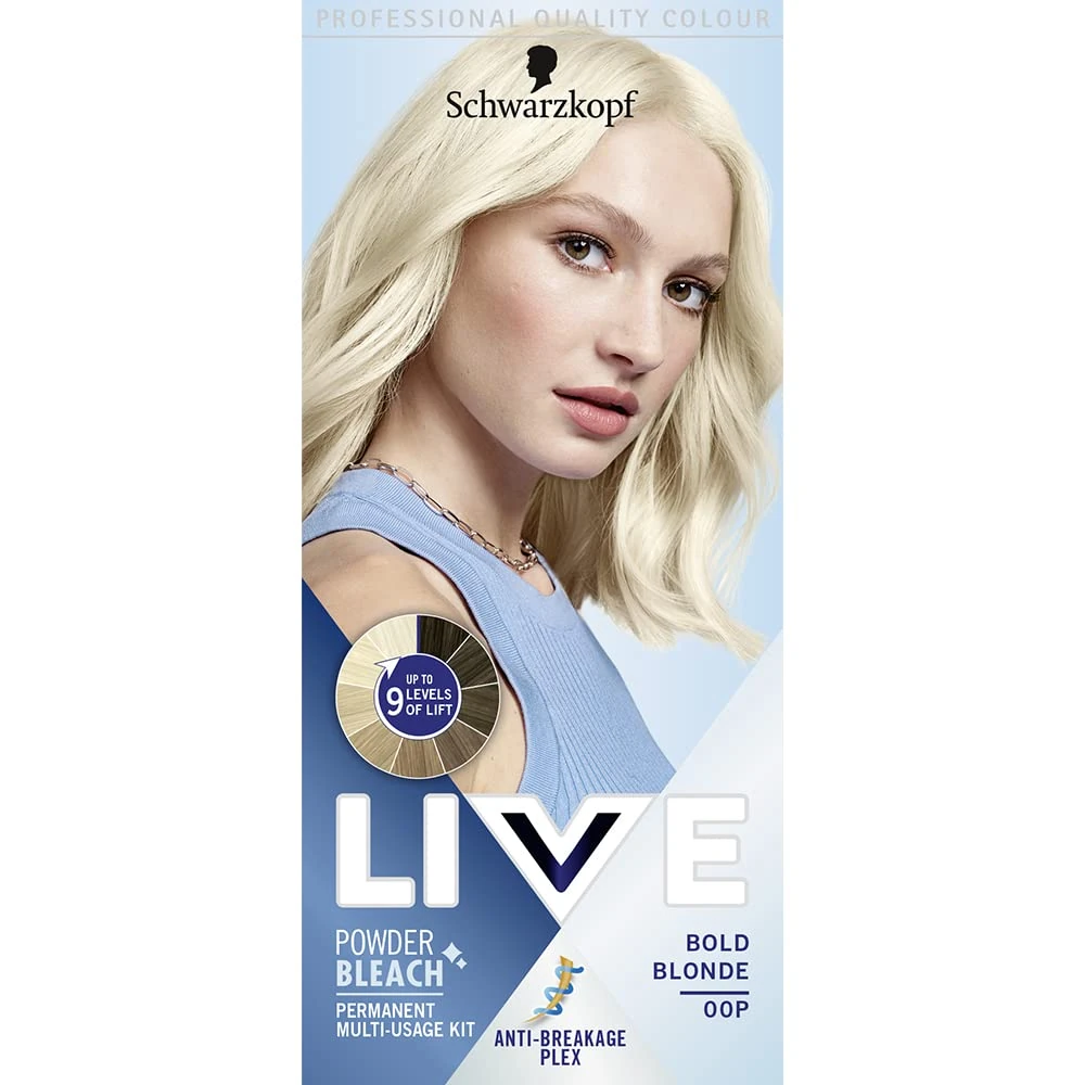 Schwarzkopf LIVE Powder Bleach Bold Blonde Permanent Hair Colour 00P, Long Lasting Blonde Hair Bleach for up to 9 Levels of Lift, Blonde Bleach for Eye Catching Results