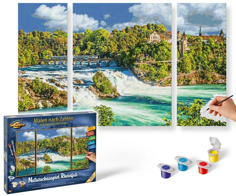 Schipper 609260888 Painting by Numbers - Natural Spectacle Rhine Falls Painting Pictures for Adults Including Brush and Acrylic Paints Triptych 50 x 80 cm