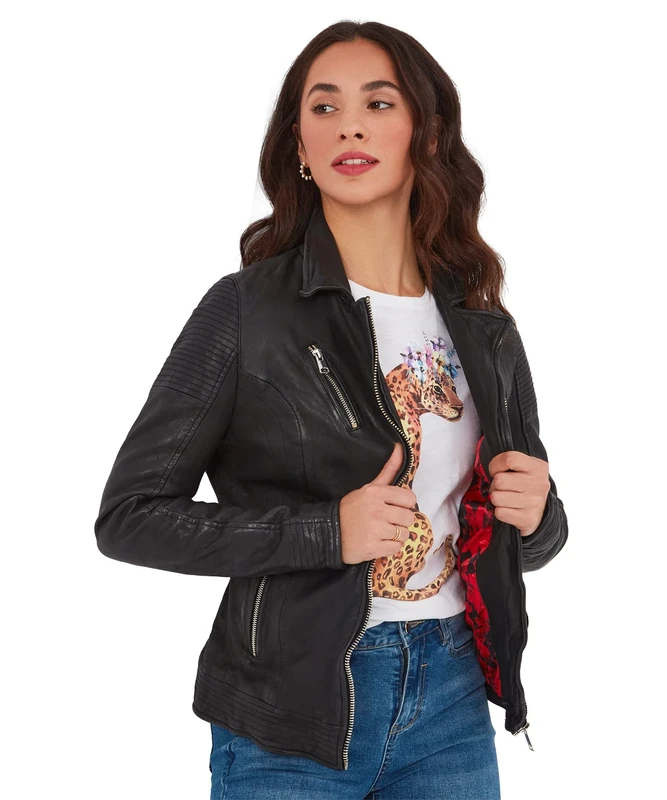 Joe Browns Women's Edgy Vintage Buckled Distressed Real Leather Biker Jacket, Black, 12