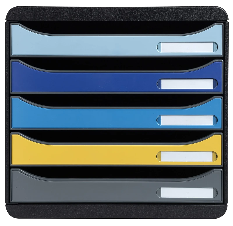 Exacompta - Ref. 3094202D - BIG-BOX PLUS - 1 pedestal with 5 open drawers for A4+ documents - External dimensions: Depth 34.7 x width 27.8 x Height 27.1 cm - 5 random colours