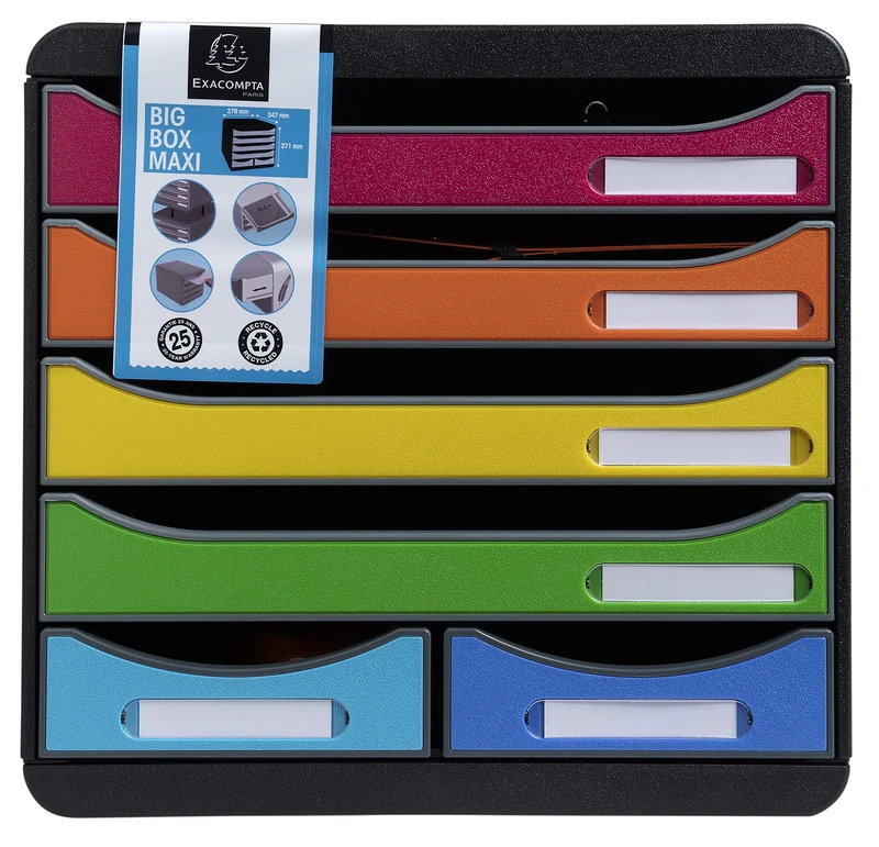 Exacompta - Ref. 312798D - BIG-BOX MAXI - 1 Box with 4 drawers for A4+ documents and 2 small drawers for storing utensils - External dimensions: D 34.7 x W 27.8 x H 27.1 cm - Harlequin