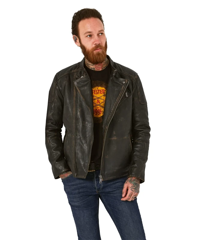 Joe Browns Men's Vintage Distressed Washed Leather Edgy Zip Detail Jacket, Black, XXL