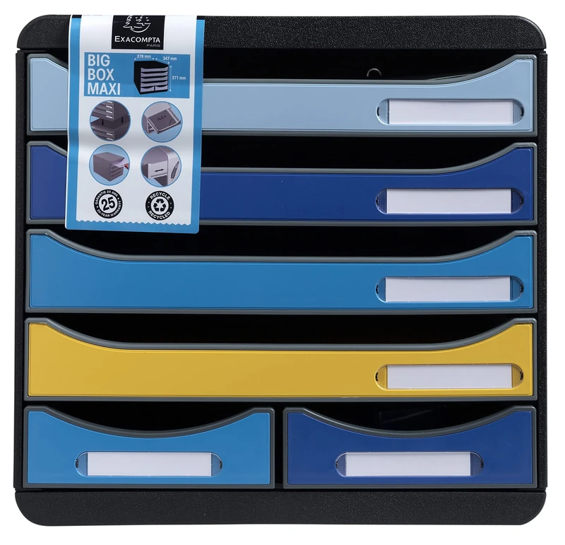Exacompta - Ref. 3124202D - BIG-BOX MAXI - 1 box with 4 drawers for A4+ documents and 2 small drawers for storing utensils - External dimensions: D 34.7 x W 27.8 x H 27.1 cm - Bee Blue