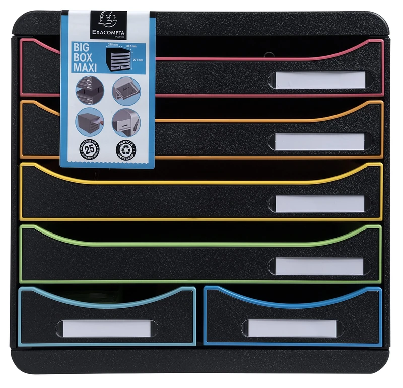 Exacompta - Ref. 312914D - BIG-BOX MAXI - 1 Box with 4 drawers for A4+ documents and 2 small drawers for storing utensils - External dimensions: D 34.7 x W 27.8 x H 27.1 cm - Black/harlequin