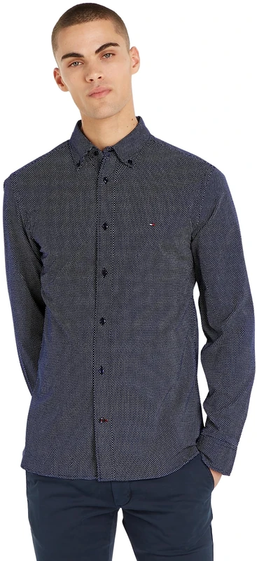 Tommy Hilfiger Men Core Flex Mini Geo Shirt Long-Sleeve, Multicolor (Carbon Navy/White), XS