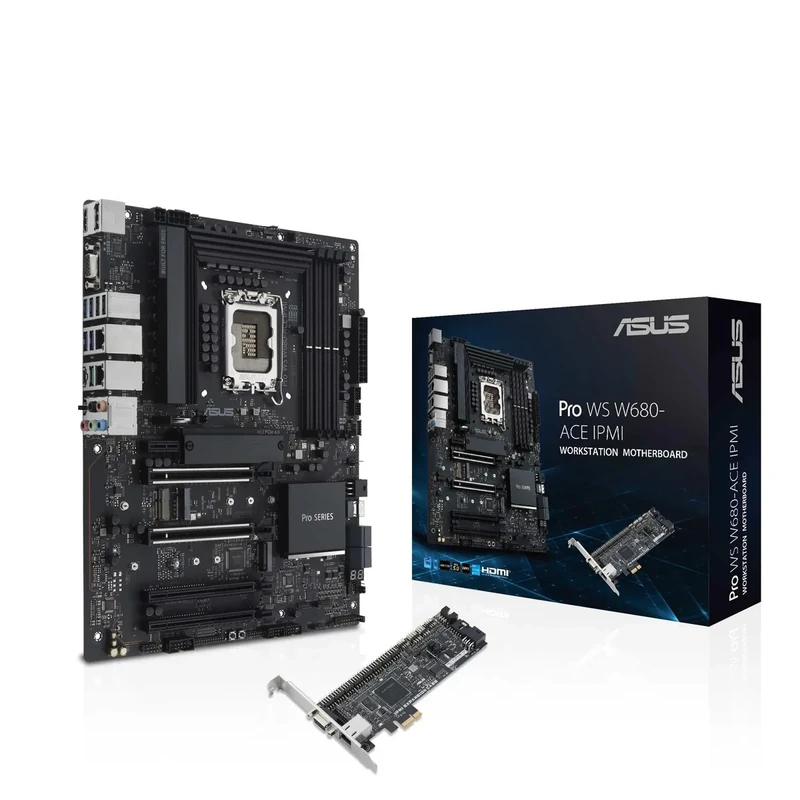 ASUS Pro WS W680-ACE IPMI Intel W680 LGA 1700 ATX Motherboard, PCIe 5.0, DDR5, 2 Intel 2.5 Gb Ethernet, 3 PCIe 4.0 M.2 slots, 2 USB 3.2 Gen 2, SlimSAS, SATA 6 Gbps, HDMI, DisplayPort and VGA