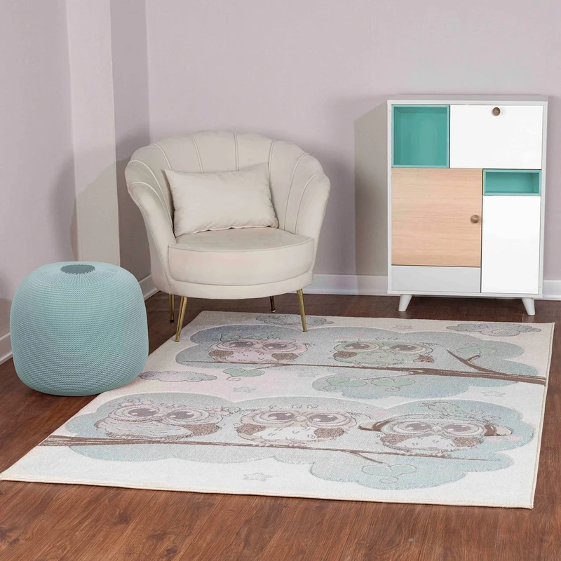 Livabliss Owls Kids Rug - Childrens Rugs for Bedroom 160x220 cm, Animal Kids Carpet for Girls and Boys Bedroom, Playroom and Nursery Rugs, Baby Rug for Girl or Boy Room, Beige, Blue and Brown