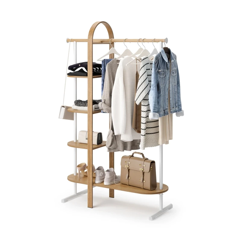 Umbra Bellwood Garment Rack, Open Wardrobe with Clothes Rail and Shelves, White/Natural