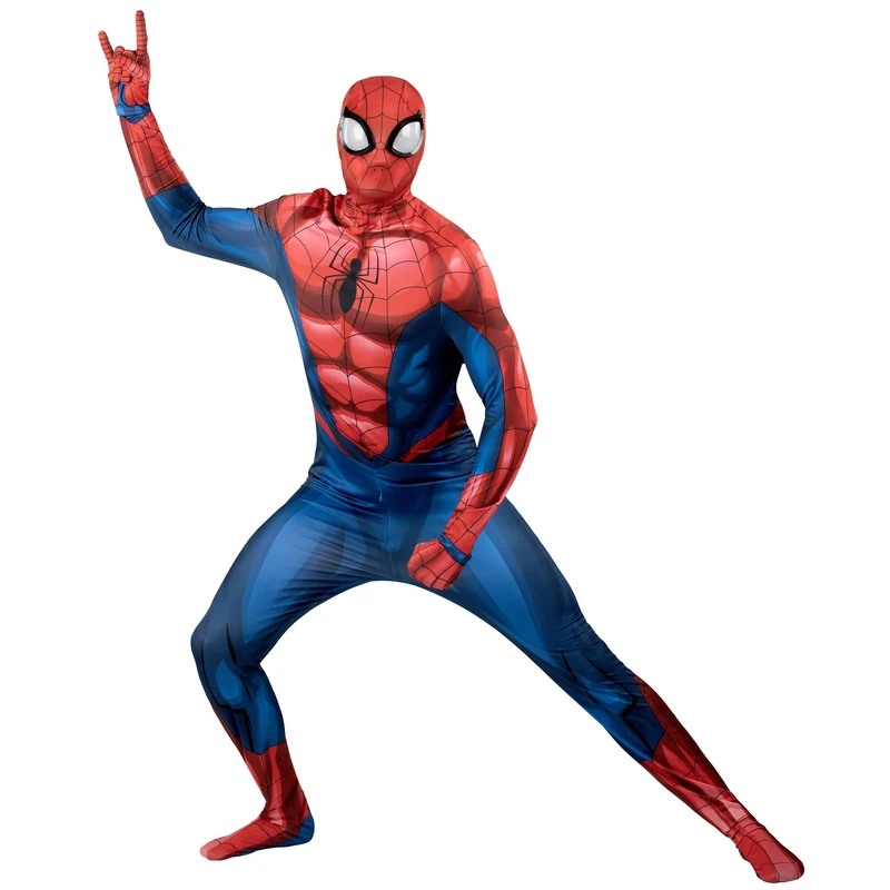 marvel Spider-Man Official Adult Deluxe Zentai Suit - Spandex Jumpsuit with Printed Design and Detachable Spandex Mask with Plastic Eyes