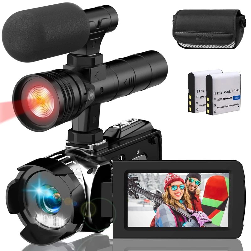Video Camera Camcorder FHD 4K 48MP 30FPS YouTube Vlogging Camera Recorder IR Night Vision 20X Digital Zoom 3.0'' 270 Degree Rotation IPS Screen Digital Camcorder with Camera bag and 2 Batteries