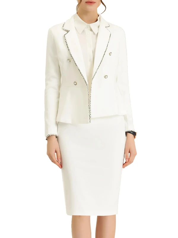 Allegra K Women's 2 Piece Suit Skirt Sets Tweed Trim Blazer Knee Length Pencil Skirt Suits Business Office Suit, White, Large