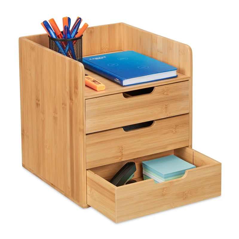 Relaxdays Desk Organiser, 3 Drawers, Office, H x W x D: 33 x 30 x 31, Bamboo, Natural, 33 x 30 x 31 cm