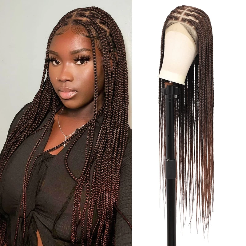 Brinbea 36 inch Braided Wigs 13X8" HD Lace Front Braided Wig for Women Brown Human Hair Blended Knotless Box Braid Wigs with Baby Hair