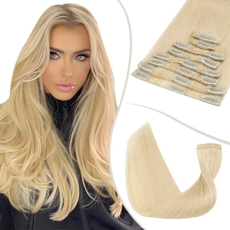 TESS Clip in Hair Extensions Real Human Hair Blonde Remy Seamless 8 Pieces Straight Short for Women/Girls (#613 Bleached blonde, 10 Inch 50g)