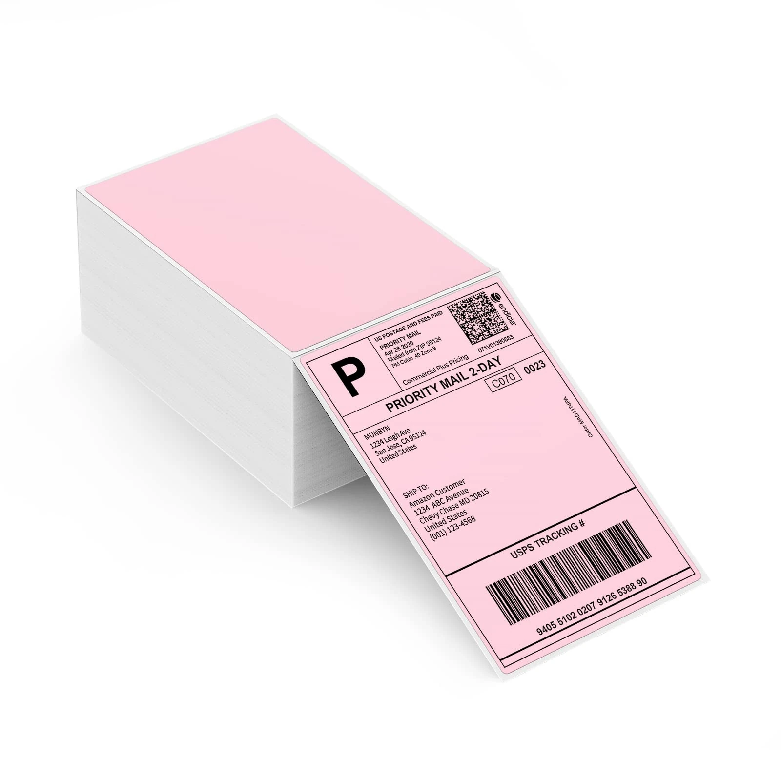 MUNBYN Thermal Labels 4x6 Fanfold for Label Printer, Compatible with Etsy, Shopify, Ebay, Amazon, Royal Mail, FedEx, UPS, Pack of 500, Pink