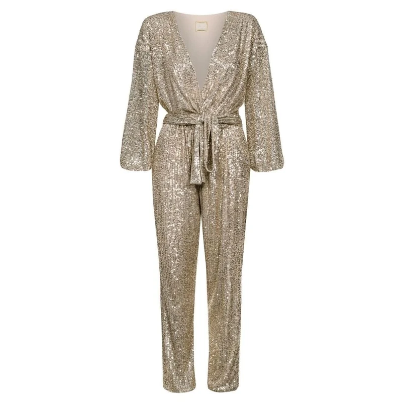Swing Fashion Women's Camila | Gold Elegant Festive Party Glitter Playsuit Trouser Suit Romper Sequin Jumpsuit V-Neck Long Sleeve 36 (S), S