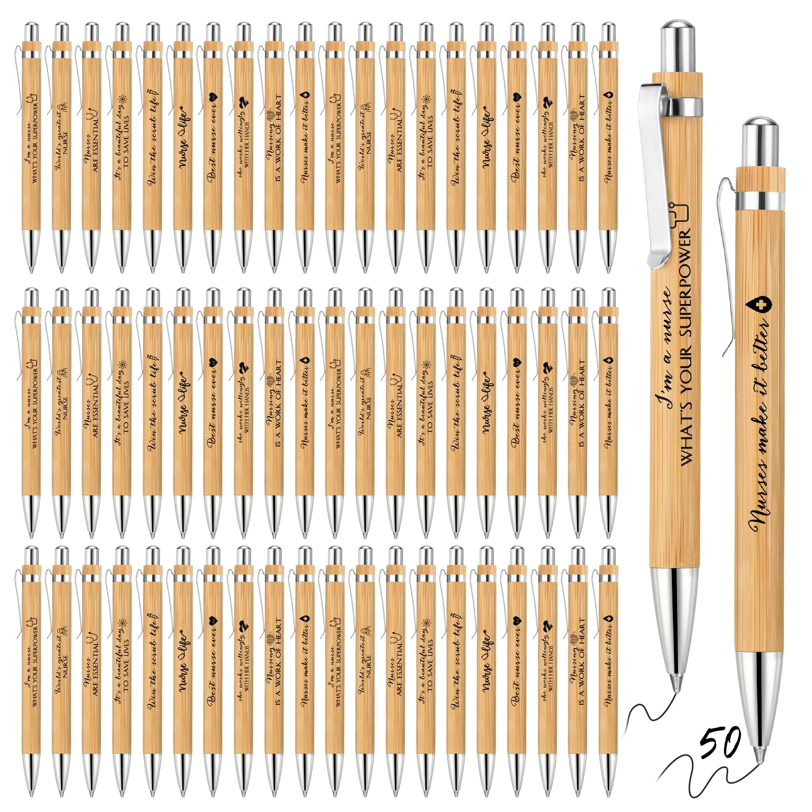 50 Pcs Bamboo Nurse Pens Funny Nursing Pens for Nurses Wooden Retractable Ballpoint Pen Black Ink Bulk for Nurse Appreciation Gifts Doctor Women Men Medical Assistants Students Office School Supplies