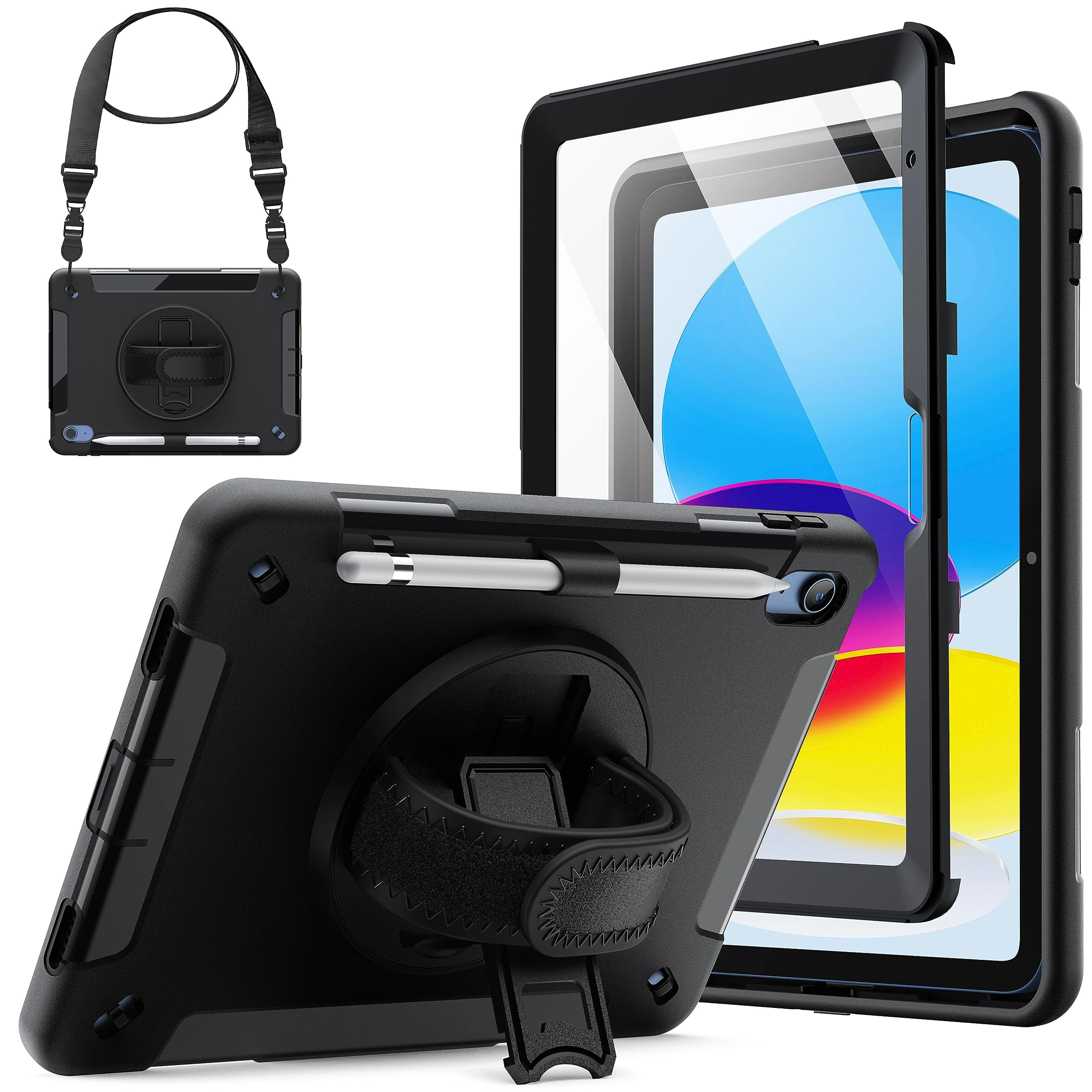 JETech Case for iPad (A16) 11th/10th Generation (2025/2022) with Built-in Screen Protector, Protective Shockproof Rugged Tablet Cover, 360 Degree Rotating Hand Strap Stand (Black)