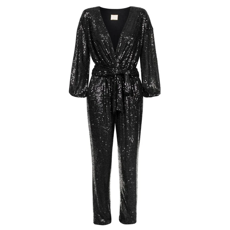 Swing Fashion Women's Camila | Black Elegant Festive Party Glitter Playsuit Trouser Suit Romper Sequin Jumpsuit V-Neck Long Sleeve 36 (S), S
