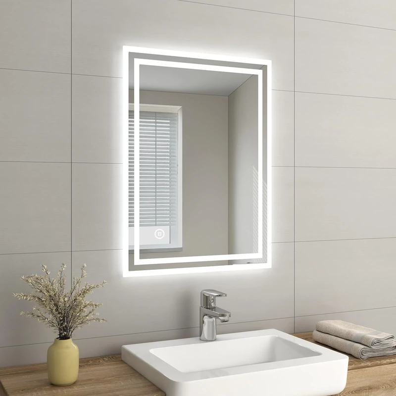 EMKE Bathroom Mirror with Fuse, Backlit Wall Mounted Vanity Mirror with Shaver Socket and Demister Pad, Touch Switch, Vertical & Horizontal, 600 x 800mm