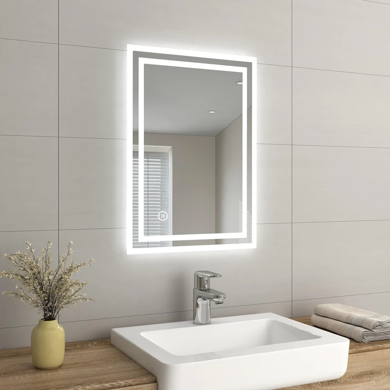 EMKE Bathroom Mirror with Fuse, Backlit Wall Mounted Vanity Mirror with Shaver Socket and Demister Pad, Touch Switch, Vertical & Horizontal, 500 x 700mm