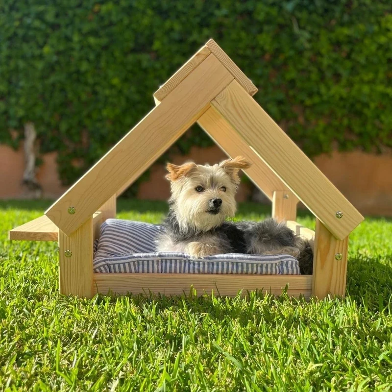 Skraut Home - Dog kennel in natural colour - FSC natural wood bed for small and medium dogs and cats - house for animals - 2 bowl holders 76 x 44 x 55 cm
