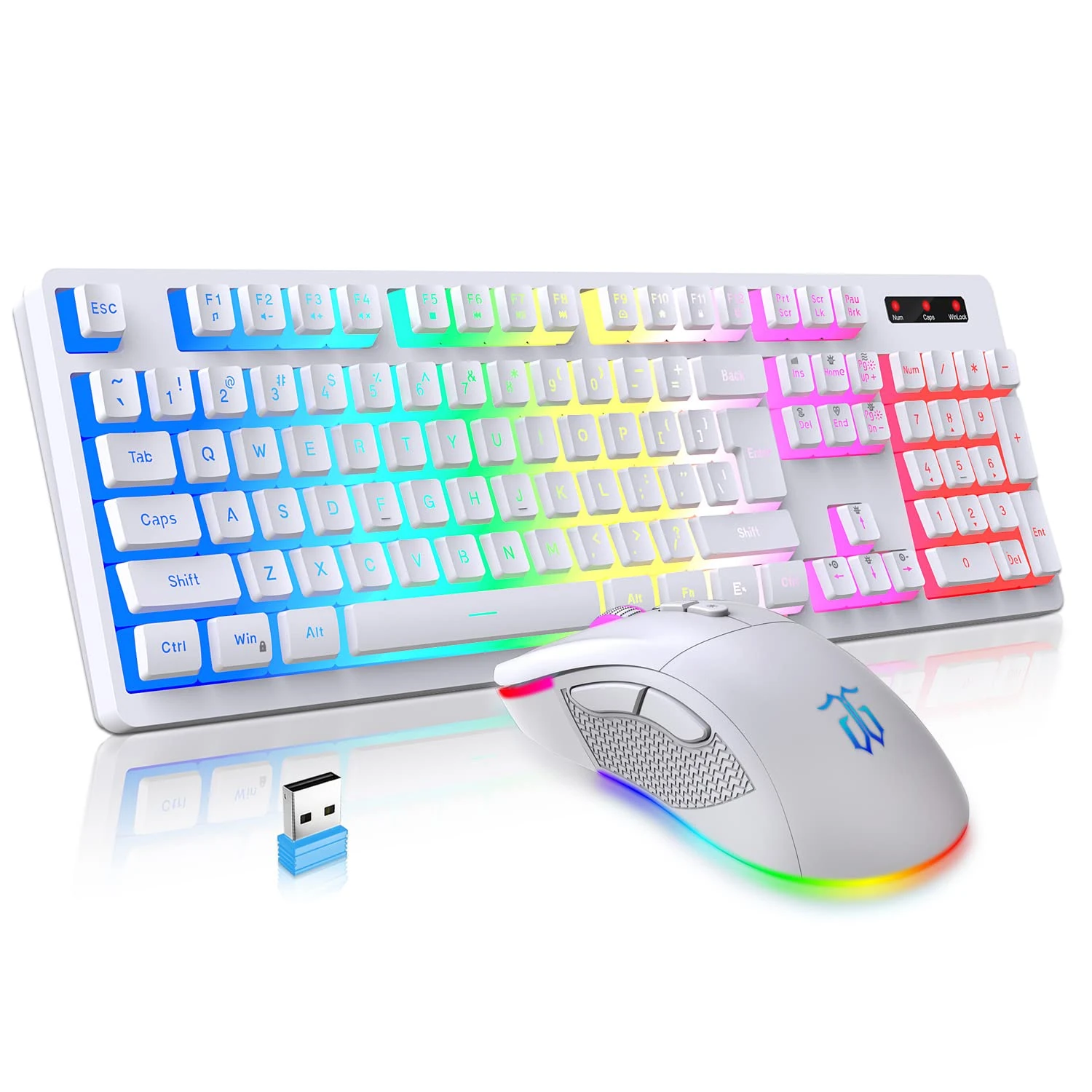Snpurdiri Wireless Gaming Keyboard and Mouse Combo, RGB Rechargeable 3000mAh Battery, Pudding Keycaps Anti-ghosting Keyboard + 7D 4800DPI Vertical Feel Wireless Mouse for PC Gamer (White)