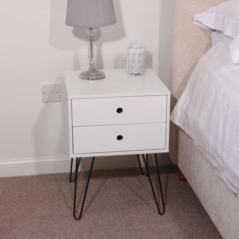 Home Source Bedside Table, Bedroom Side Table Nightstand Cabinet, Metal Legs, 2 Storage Drawers, White
