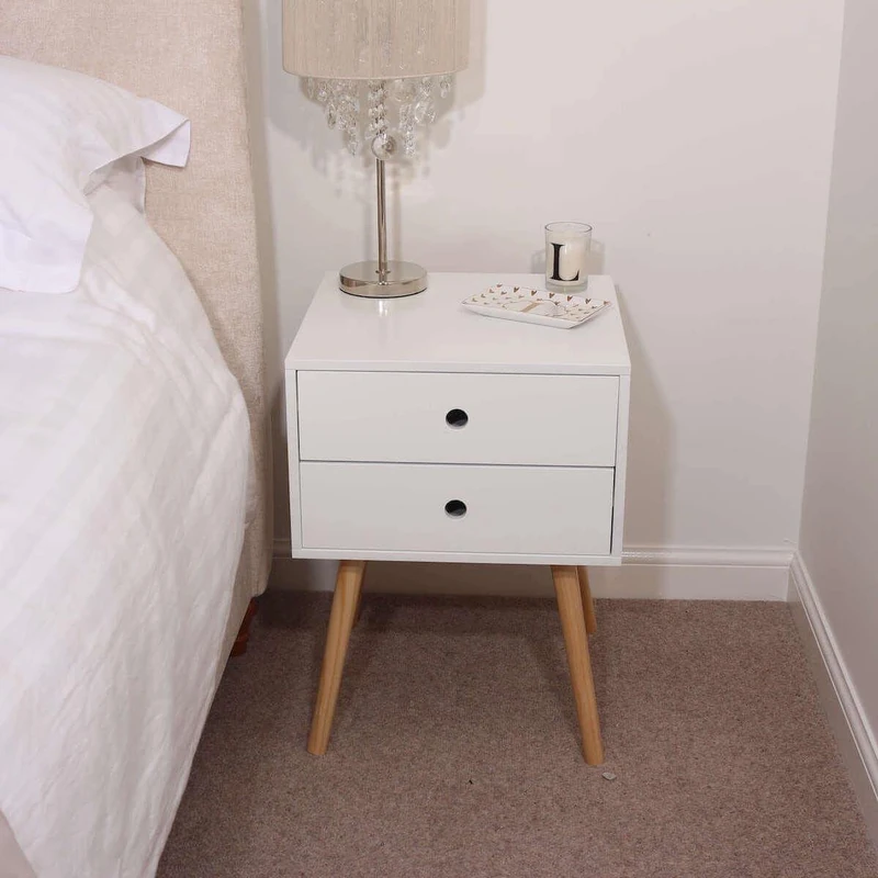 Home Source Bedside Table, Bedroom Side Table Nightstand Cabinet, Wooden Legs, 2 Storage Drawers, White