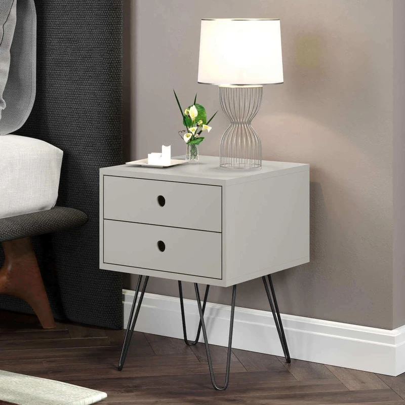 Home Source Bedside Table, Bedroom Side Table Nightstand Cabinet, Metal Legs, 2 Storage Drawers, Grey