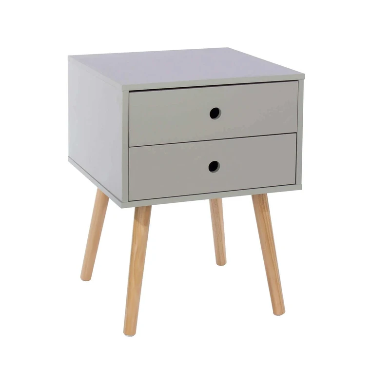 Home Source Bedside Table, Bedroom Side Table Nightstand Cabinet, Wooden Legs, 2 Storage Drawers, Grey