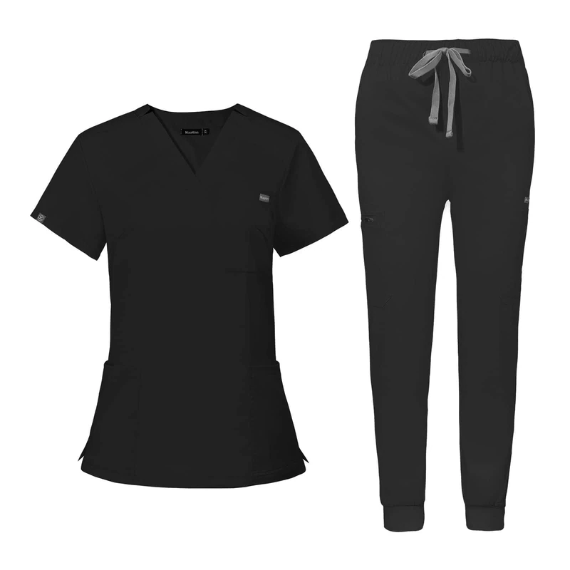 niaahinn Women's Scrubs Top with Classic V-Neck & Yoga Jogger Pants Medical Nursing Uniform Scrub Set (Black, XL)