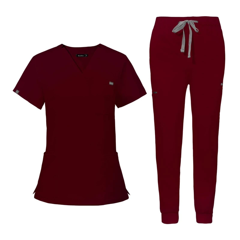 niaahinn Women's Scrub Top with Classic V-Neck & Yoga Jogger Pants Medical Nursing Uniform Scrub Set (Burgundy, S)