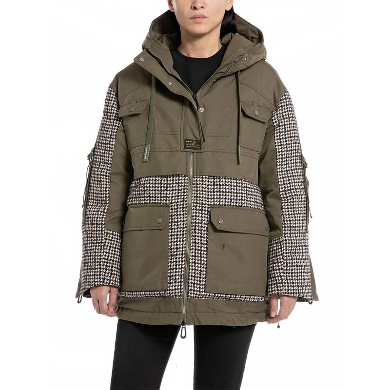 REPLAY Adult W7812 Poly Cotton Twill Jacket, Dark Olive/Pied-De-Poule 010, M