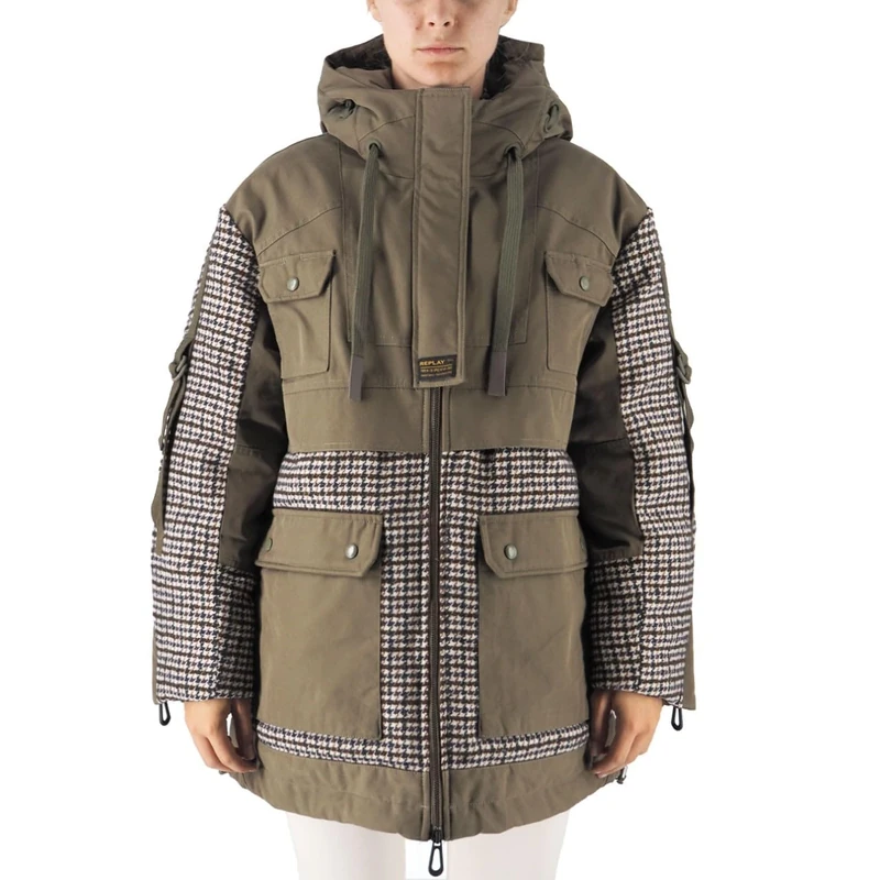 REPLAY Adult W7812 Poly Cotton Twill Jacket, Dark Olive/Pied-De-Poule 010, S