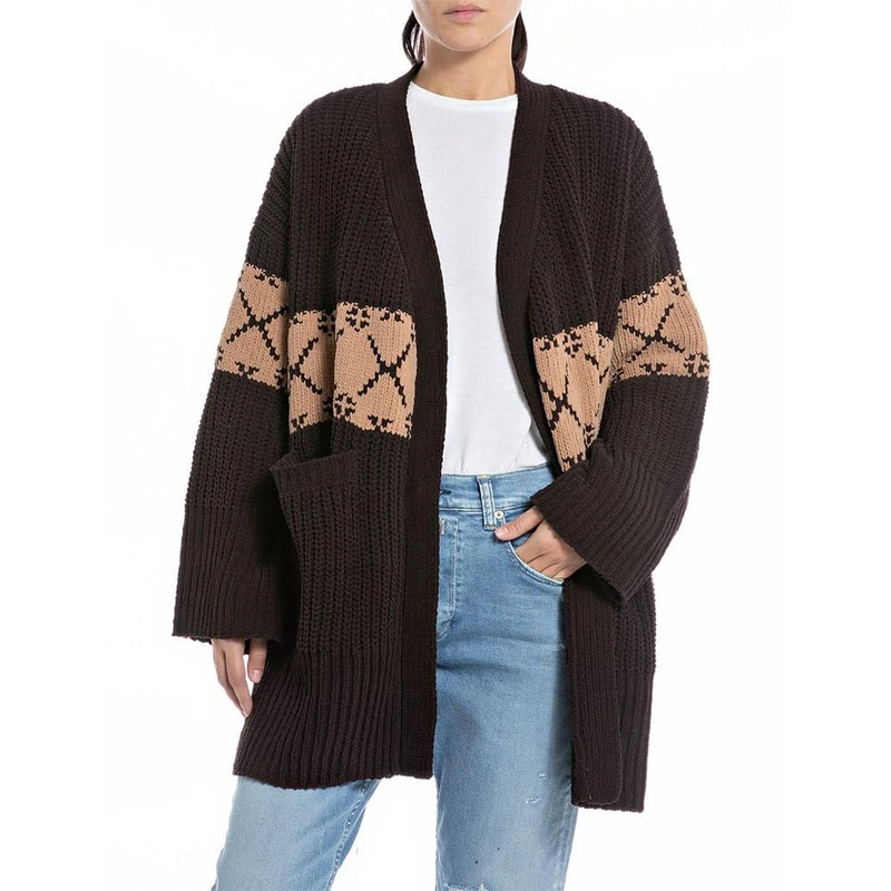 REPLAY Women's DK3556.000.G22926 Cardigan Sweater, Jacquard Deep Brown/Desert 010, XXS